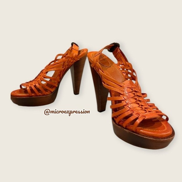 $329 Frye Joy Huarache Cognac Leather Sling Strappy Leather Sandal/Platform Heel - Picture 2 of 12